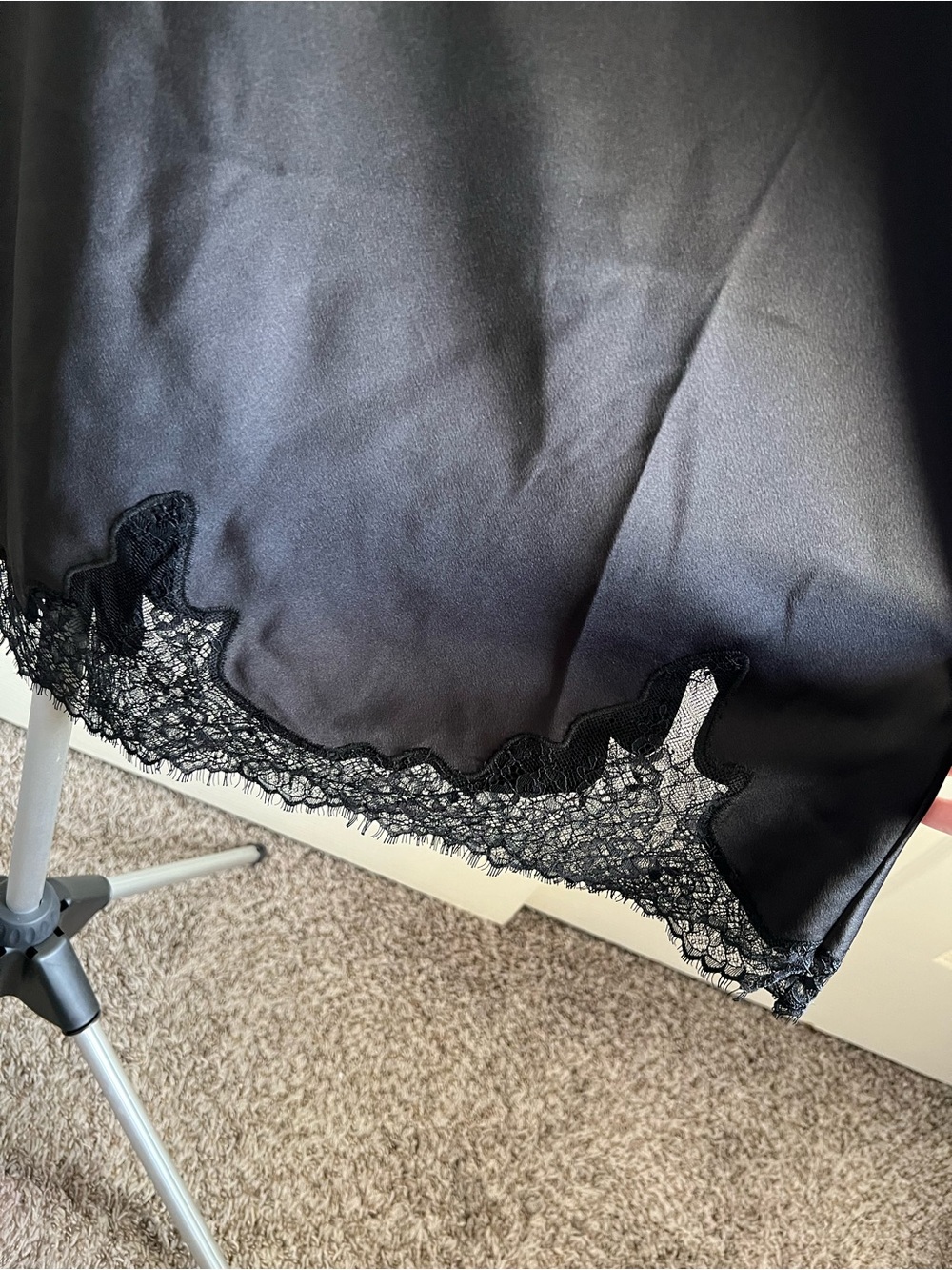 Satin Black Midi Slip Skirt with Lace Hem - Picture 8 of 10